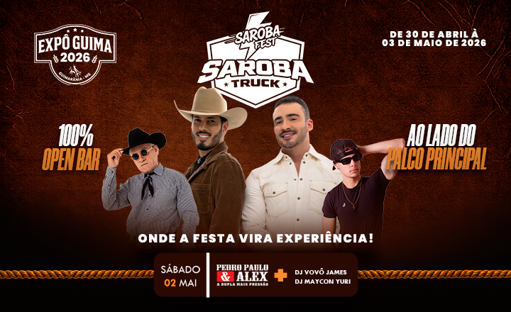 Sábado: Espaço Saroba Fest - Expô Guima 2026 em Guimarânia - Pedro Paulo e Alex + Dj Vovô James + Dj Maycon Yuri